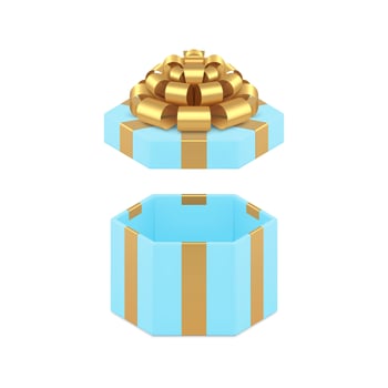 Luxury blue hexagonal festive open gift box with glossy golden bow ribbon 3d icon realistic vector