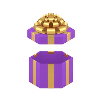 Purple hexagonal open gift box luxury golden bow ribbon 3d icon realistic illustration vector