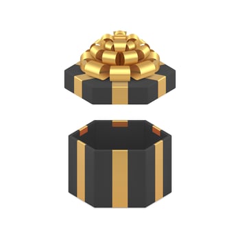 Black fashion hexagonal open gift box with luxury golden bow ribbon 3d icon realistic vector