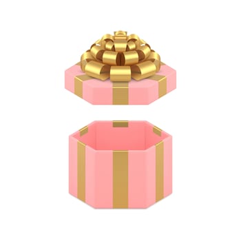 Pink open gift box hexagonal premium package with golden bow ribbon 3d icon realistic vector