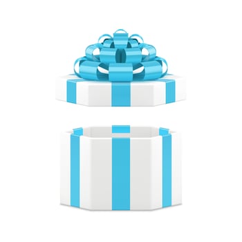 Elegant white hexagonal open gift box with luxury blue bow ribbon 3d icon realistic vector