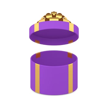 Purple open circle gift box with luxury golden bow ribbon holiday present 3d icon realistic vector