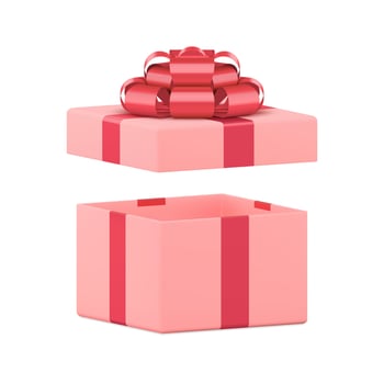 Pink squared open gift box with red bow ribbon feminine present 3d icon realistic vector