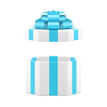 White hexagonal open gift box with luxury blue bow ribbon 3d icon realistic illustration vector