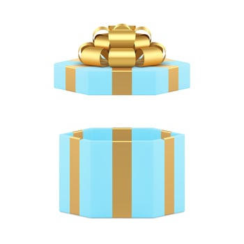 Blue elegant hexagonal open gift box with luxury golden bow ribbon 3d icon realistic vector
