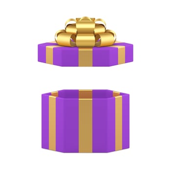 Purple open hexagonal gift box with golden luxury bow ribbon 3d icon realistic illustration vector
