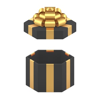 Black empty hexagonal gift box with open lid and luxury golden bow ribbon 3d icon realistic vector