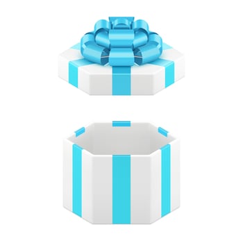 White open hexagonal gift box with blue premium bow ribbon 3d icon realistic illustration vector