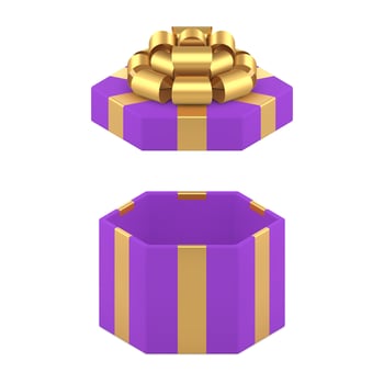 Violet open hexagonal gift box with premium bow ribbon festive package 3d icon realistic vector