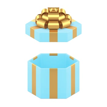 Blue empty gift box with open lid and golden luxury bow ribbon 3d icon realistic illustration vector