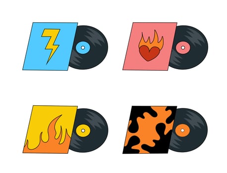 Vinyl records with different design covers. LP or long play music discs. DJ equipment for disco party. 70s 80s 90s discotheque nostalgia concept. flat illustration. vector