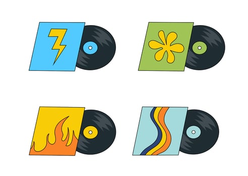 Vinyl records with different design covers. LP or long play music discs. DJ equipment for disco party. 70s 80s 90s discotheque nostalgia concept. flat graphic illustration. vector