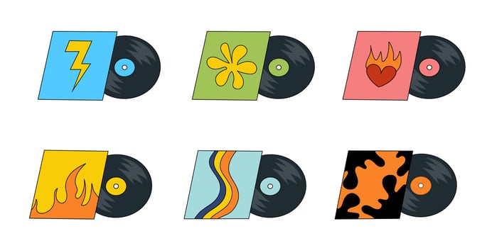 Vinyl records with different design covers. LP or long play music discs. DJ equipment for disco party. 70s 80s 90s discotheque nostalgia concept. flat graphic illustration. vector