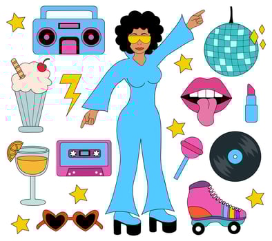Set of 80s retro elements. Afro Woman in overalls and sunglasses dancing. Vintage audio player, music record, milkshake, orange cocktail, roller skate, sunglasses, lipstick and lips, boot. flat vector