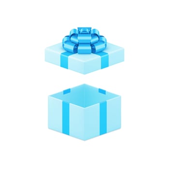 Blue open squared empty gift box with premium bow ribbon festive present 3d icon realistic vector