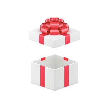 White luxury open gift box with red glossy bow ribbon 3d icon realistic illustration vector