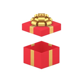 Red fashion open gift box with luxury golden bow ribbon empty pack 3d icon realistic vector