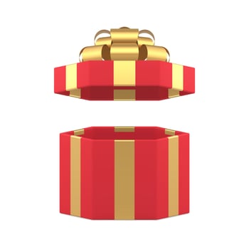 Red luxury open hexagonal festive gift box with golden bow ribbon 3d icon realistic vector