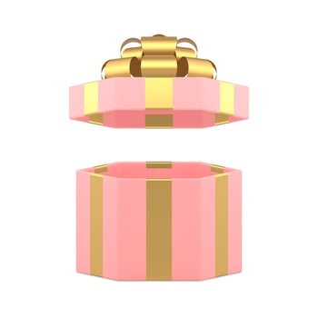 Pink feminine luxury open gift box with golden bow ribbon holiday pack 3d icon realistic vector
