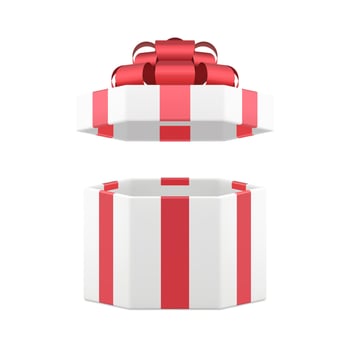 White open luxury gift box with red bow ribbon romantic present 3d icon realistic vector