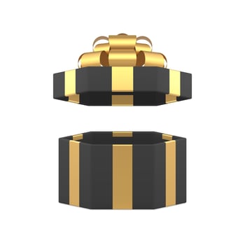 Black stylish luxury wrapped open gift box with golden bow ribbon 3d icon realistic vector