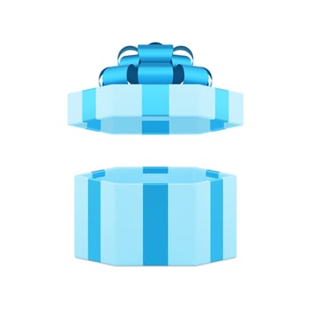 Blue hexagonal open luxury gift box with glossy bow ribbon 3d icon realistic illustration vector