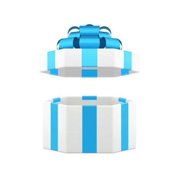 White hexagonal open gift box with blue bow ribbon present package 3d icon realistic vector