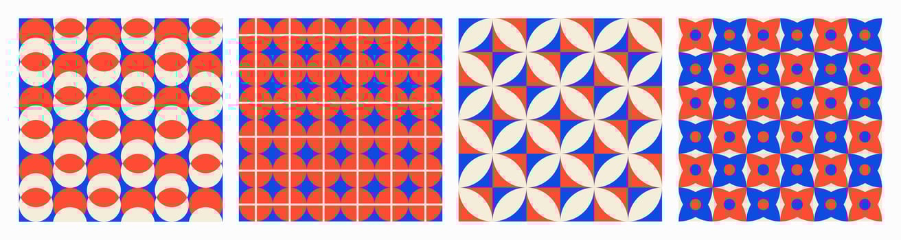 Trendy aesthetic retro set geometric seamless patterns. Modern abstract background. Blue and red colors vector