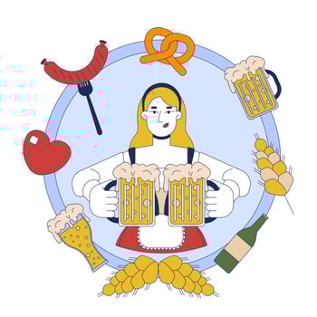 Blonde german waitress with beer mugs in frame 2D illustration concept. Caucasian woman at oktoberfest cartoon character isolated on white. Cultural event metaphor abstract flat graphic vector