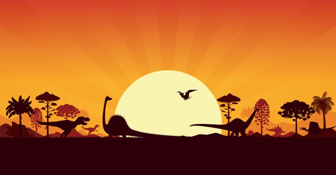 Prehistoric dinosaur silhouettes in sunset jungles vector