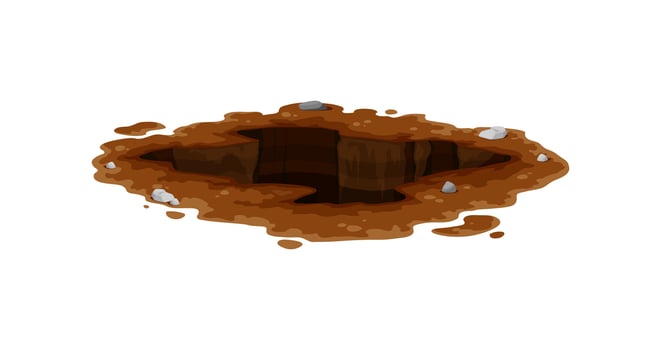 Pit in ground, burrow and dirty deep hole in soil vector