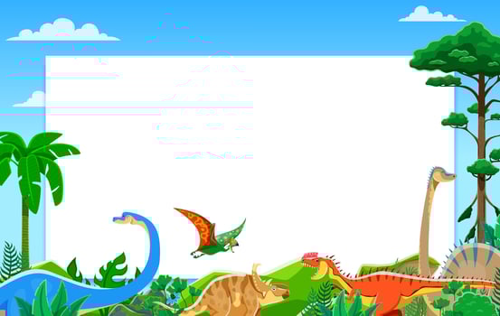 Prehistoric Jurassic park dinosaurs, white banner vector