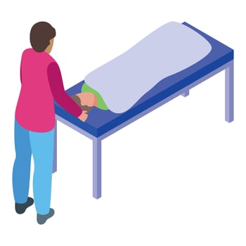 Doctor examining patient lying on medical bed covered with blanket in hospital ward vector