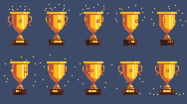 Pixel cup animation sprite. Cartoon retro 8 bit game golden trophy, winner award for competition, achievement and celebration winner cup. isolated set. Turning around sport goblet vector