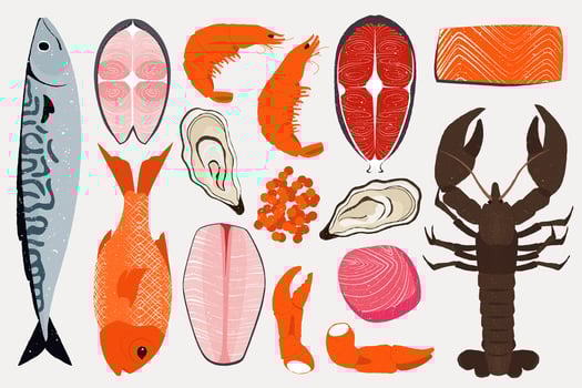 Cartoon sea products. Fresh fish shellfish seafood, raw marine ingredients for cooking, gourmet delicatessen restaurant menu. isolated set vector
