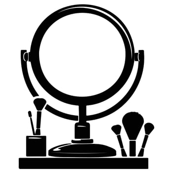 Black silhouette of a makeup vanity with round mirror and various brushes, ideal for beauty and fashion themes. vector
