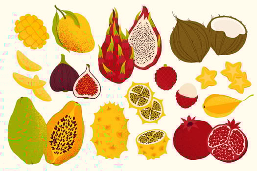Sliced fruits. Cartoon exotic ripe fruit pieces, colorful tropical sweet and sour berry and citrus fruits flat style. isolated collection vector