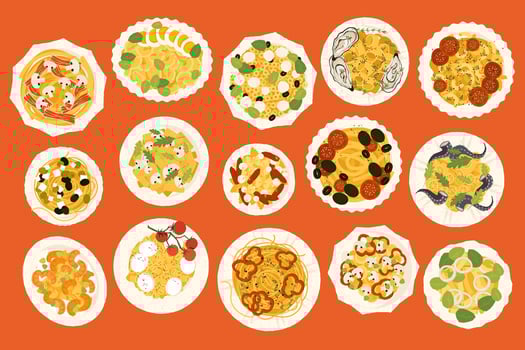 Pasta dish. Homemade spaghetti with tomato sauce, cheese and basil, italian traditional food. cartoon plate with pasta vector