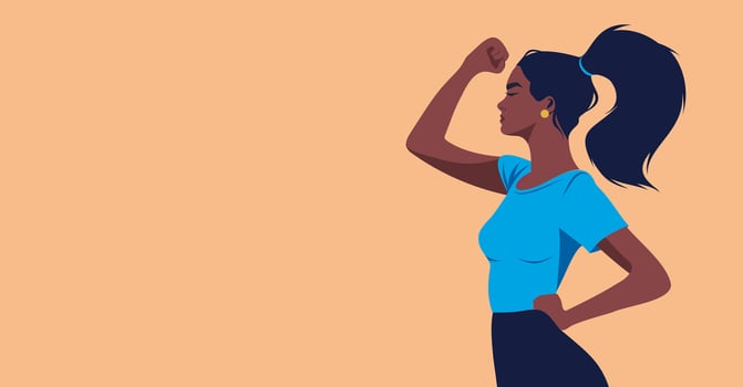Women's day, banner woman clenched fist, feminism, freedom struggle, protest concept, protection of women's rights, symbol of female power, movement for gender equality and women's rights vector
