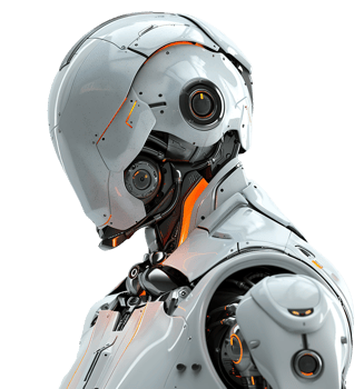 Futuristic robotic head with mechanical details and orange lights, on transparent background. Ideal for technology-related projects, AI concepts, robotics, futuristic designs. png