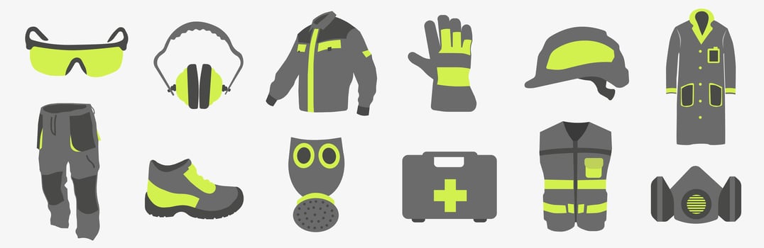 Work uniform. Professional protective clothing, boots and safety helmet. Various items of special protective clothing. vector