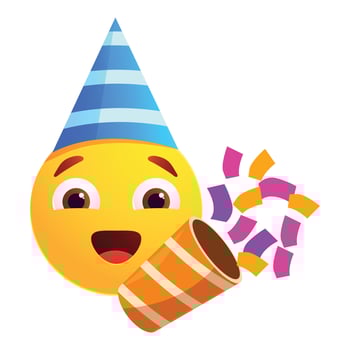 Happy emoji wearing party hat blowing confetti celebrating event vector