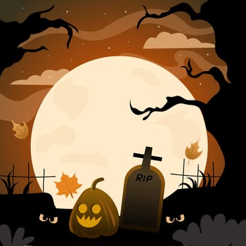 Crosses in a cemetery flat halloween background, Halloween orange template in night sky view with dark tree, pumpkin and full moon. vector