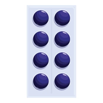 Blister pack containing round blue pills is lying on table vector