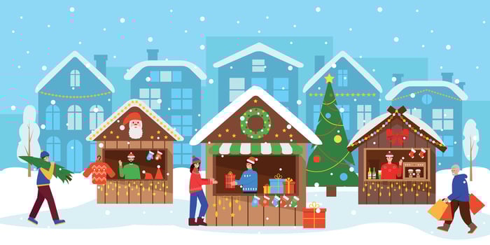 Christmas Market wooden kiosks or stells on town square. Happy people characters on Winter New Year festive sale. Shops with gifts, drinks and clothes. vector