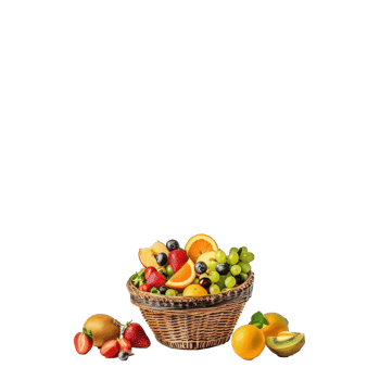 Colorful assortment of fresh fruits cascading from a woven basket against a bright transparent background png