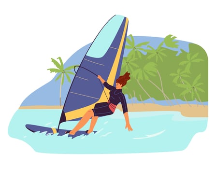 Happy woman in wetsuit windsurfing near ocean beach with palm trees flat illustration. Summertime outdoor activity vector
