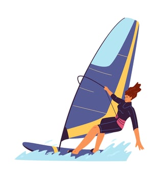Happy woman in wetsuit windsurfing flat illustration isolated on white. Summertime outdoor activity. vector
