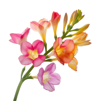 Beautiful mixed bouquet of freesia flowers in vibrant colors illuminated against a transparent background png