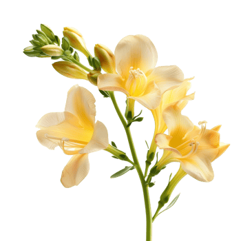Delicate yellow freesia blooms captured in a soft light showcasing intricate petals and green stems in a serene composition png